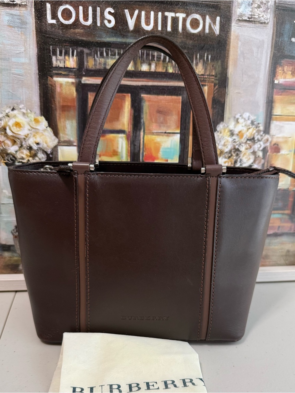 Burberry Dark Brown Leather Tote with Top Handles